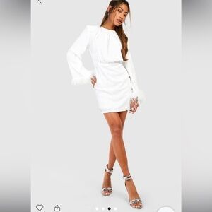 Sequin Feather Cuff Shift Party Dress mini white
